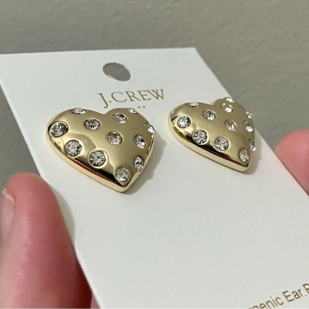 NWT J. Crew Pavé Puffy Heart Bauble Earrings Preppy Pave Crystal Gold Factory OS